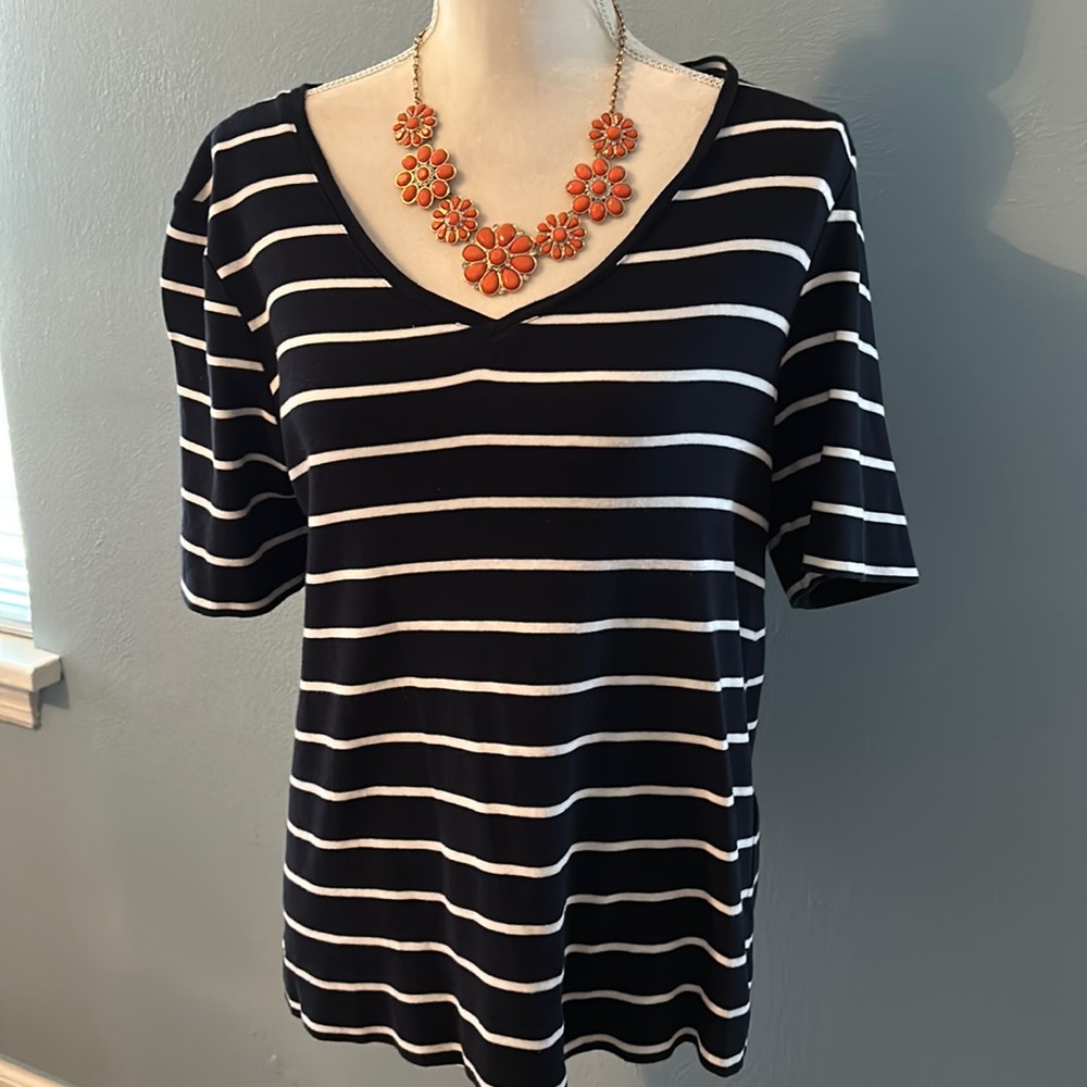 Chico’s V-neck navy and white stripe Pima cotton short sleeve. Very soft.